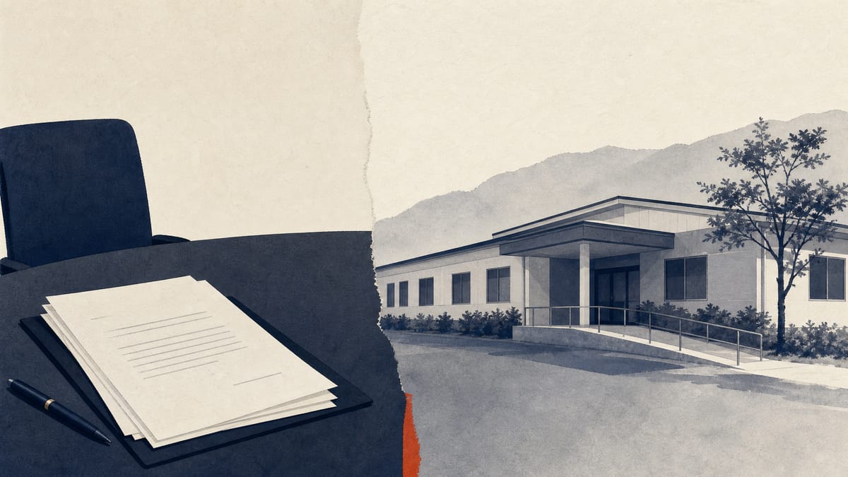 Editorial illustration of acquisition documents beside a small regional care facility exterior