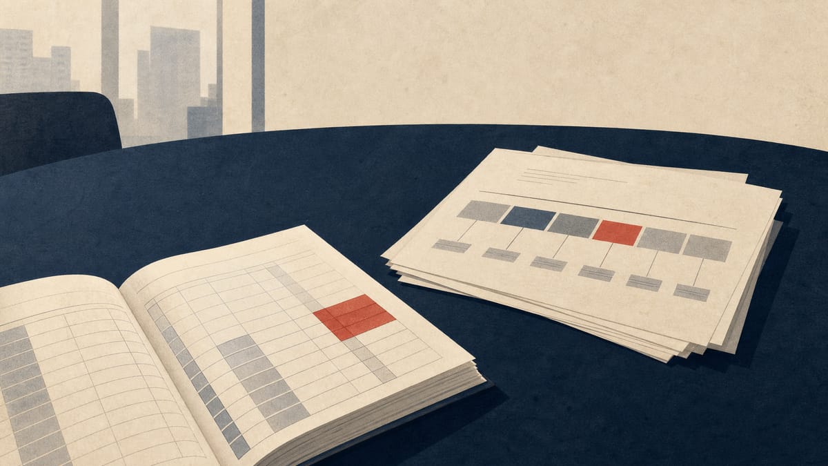 Editorial illustration of shareholding documents and ownership blocks on a boardroom table.