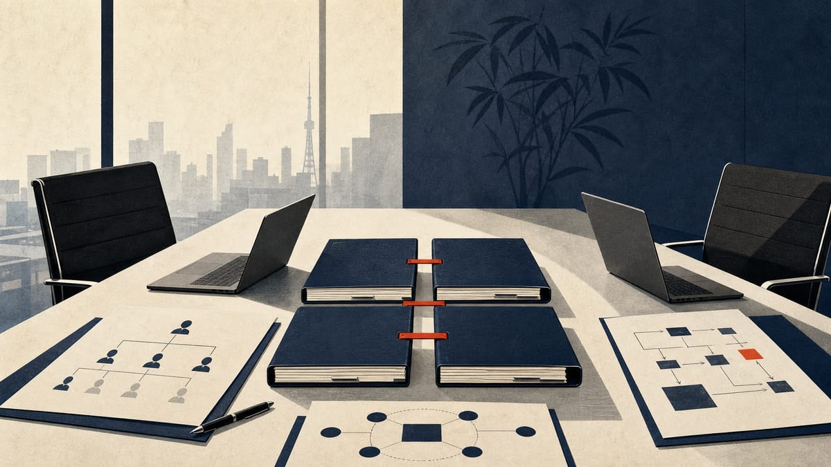 Editorial illustration of consulting project folders, staffing charts and AI workflow papers on a conference table.