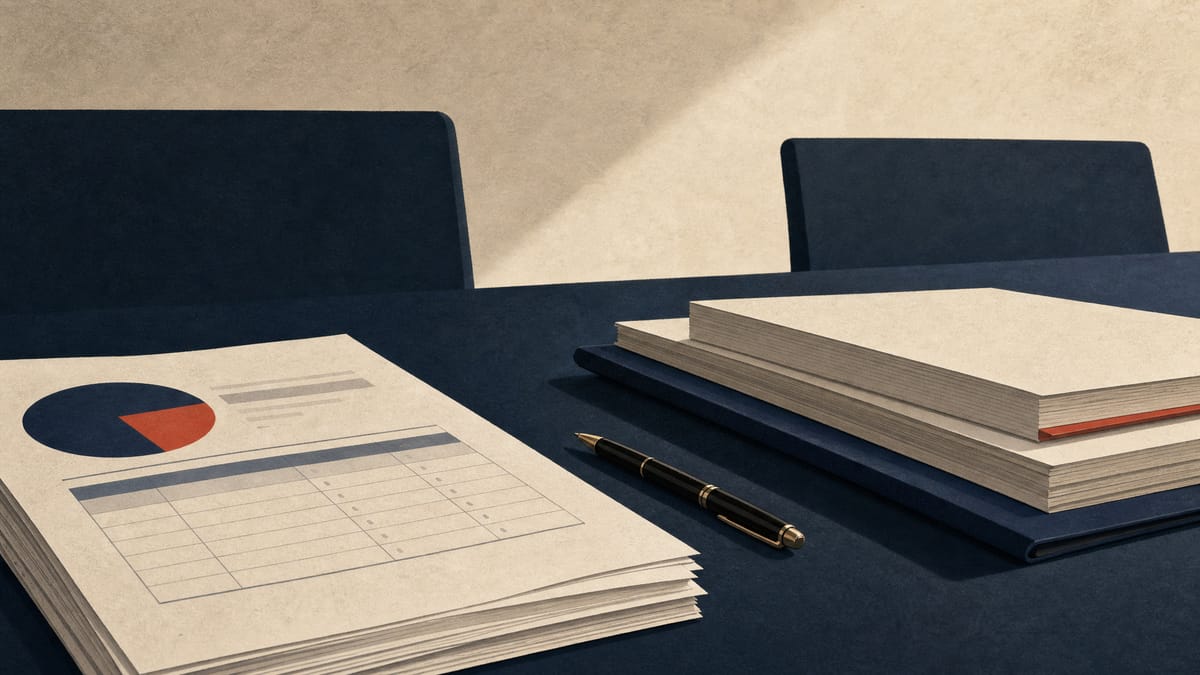 Editorial illustration of governance papers and a voting-rights table on a conference-room table.