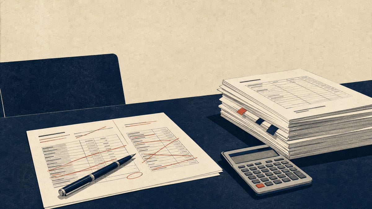 Marked-up financial statements and audit papers on a conference table