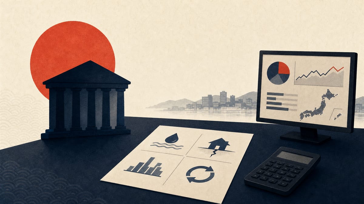 A bank meeting table with printed guidance papers, a calculator and a risk screen, suggesting policy planning and preparedness.