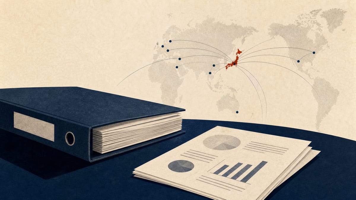 Editorial illustration of sustainability reporting papers on a conference table with global connection lines.