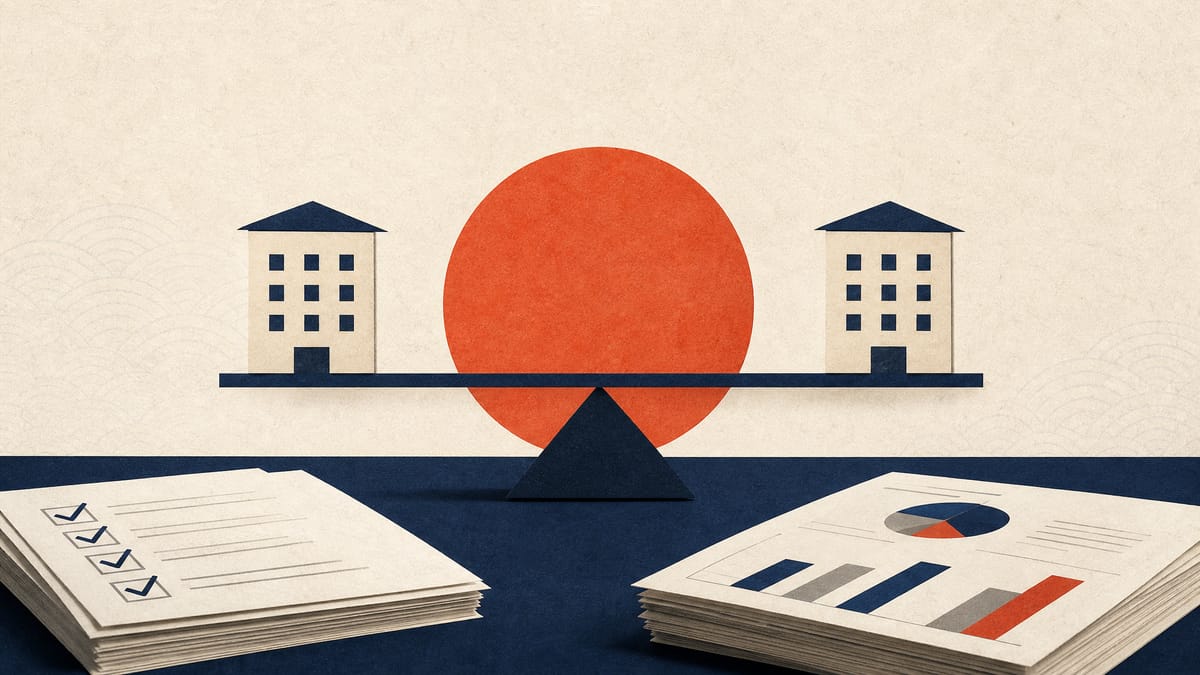 Printed supervisory-guideline pages and agent-audit checklists on a conference table in a Japan office setting.