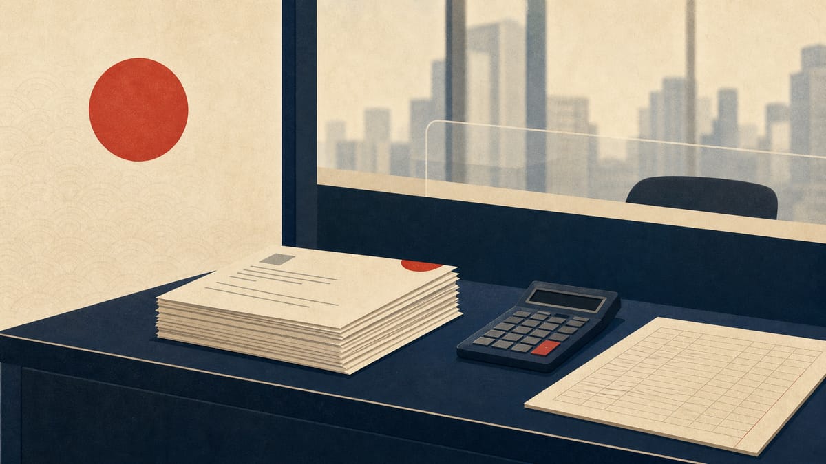 A bank counter with loan forms, a calculator, and ledger papers in a Japanese office setting.