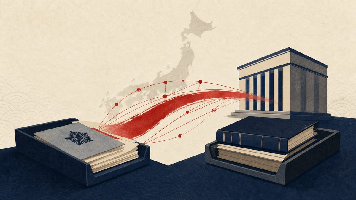 Editorial illustration of police and bank paperwork moving onto a digital inquiry network.