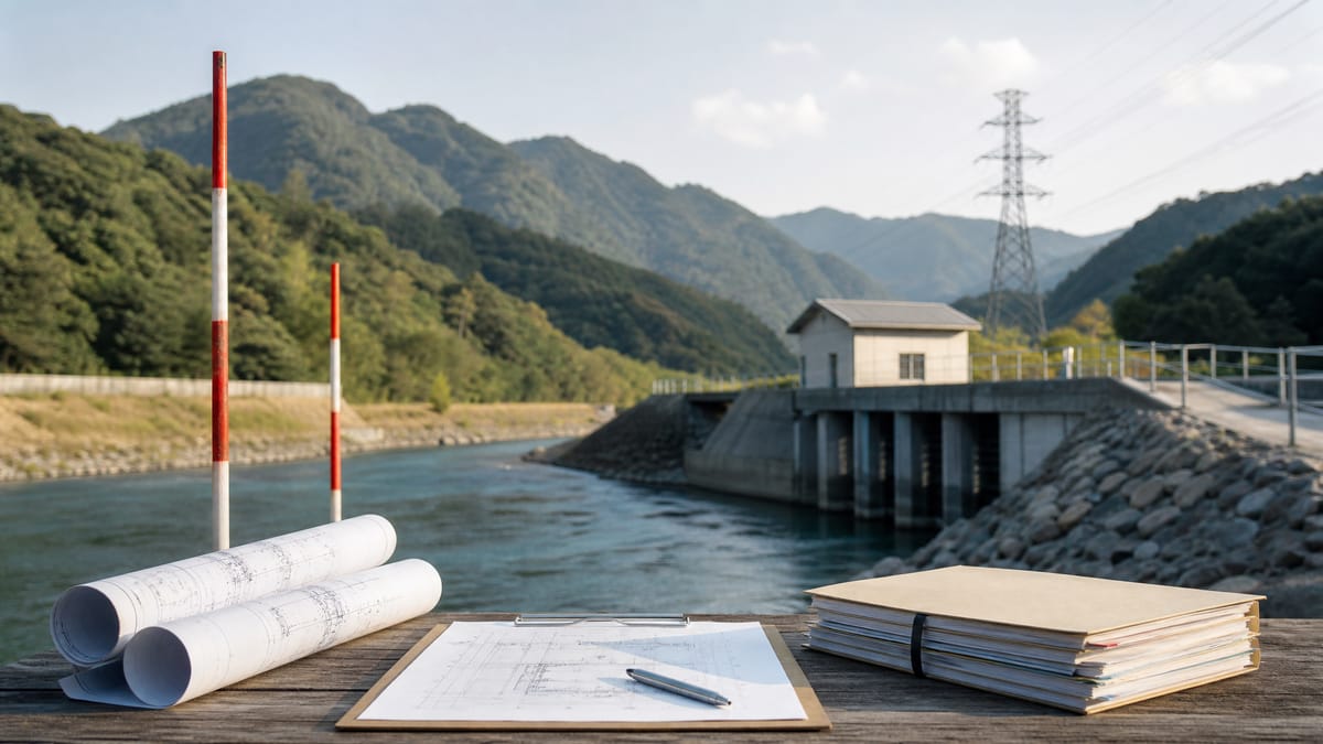 A hydropower site planning scene with survey materials, engineering drawings, and grant documents near a river and mountain backdrop