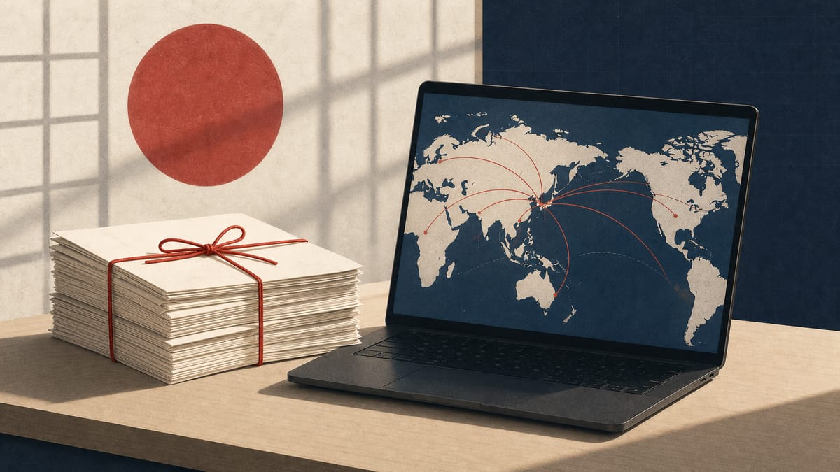 A desk with grant papers, media objects, and export packaging representing coordinated overseas content launches.