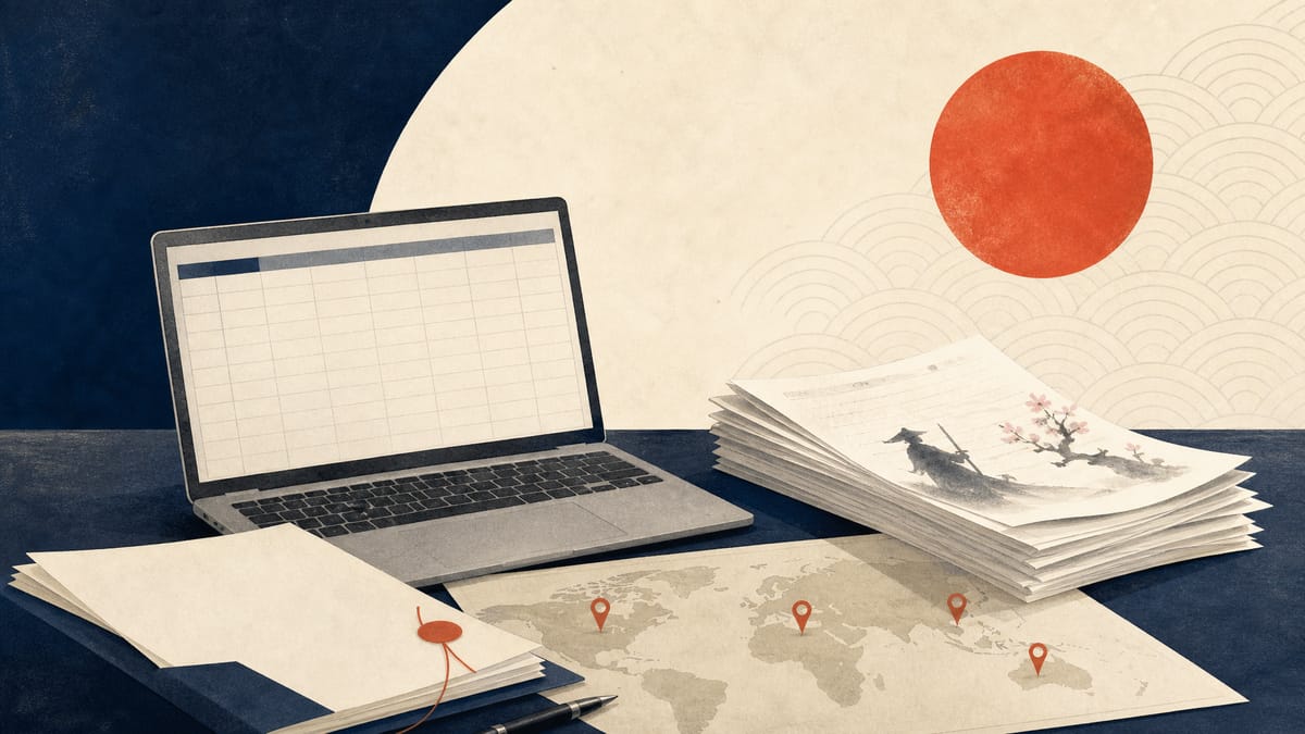 A Tokyo office desk with grant papers, translated script pages, and a world map suggesting overseas promotion support for content IP rights holders.