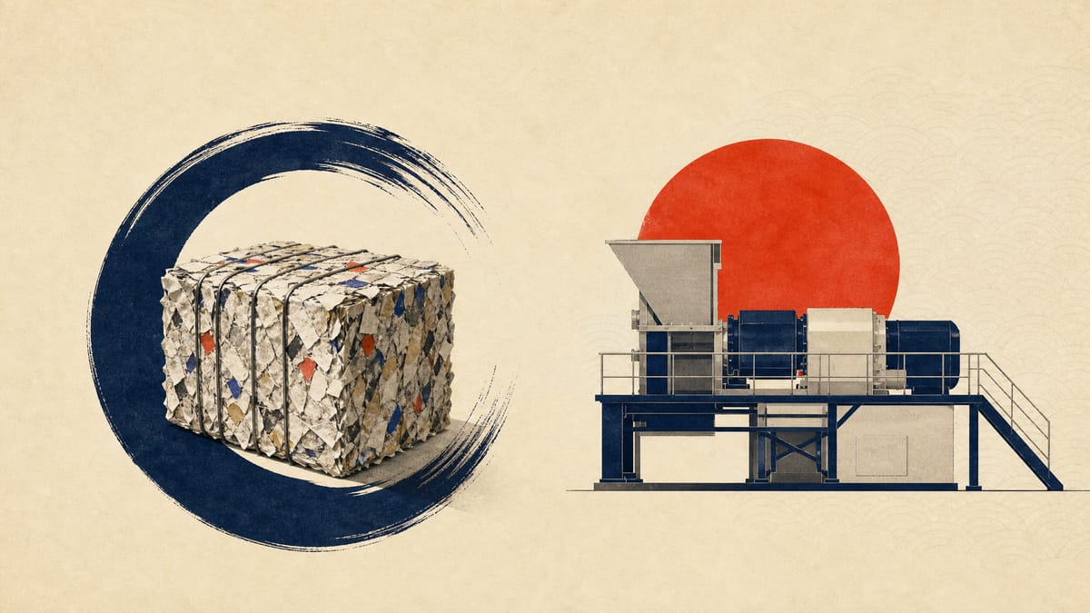 Recycled materials, factory equipment, and planning documents laid out to illustrate circular-economy investment