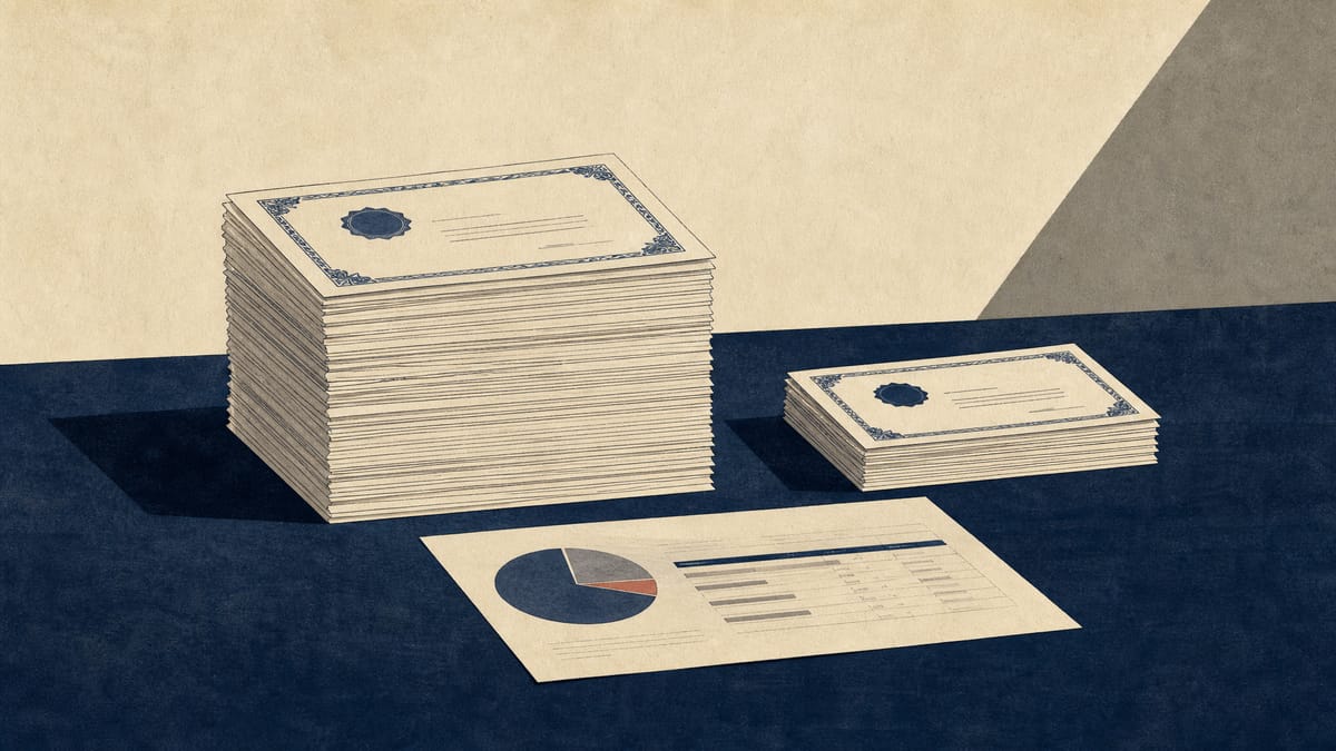 Editorial illustration of warrant and share issuance papers with larger and smaller stacks representing exercised and remaining warrants.