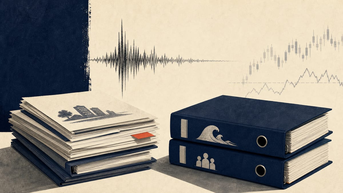 Editorial illustration showing bank loan files, disaster-preparedness binders and regional finance papers on a briefing table.
