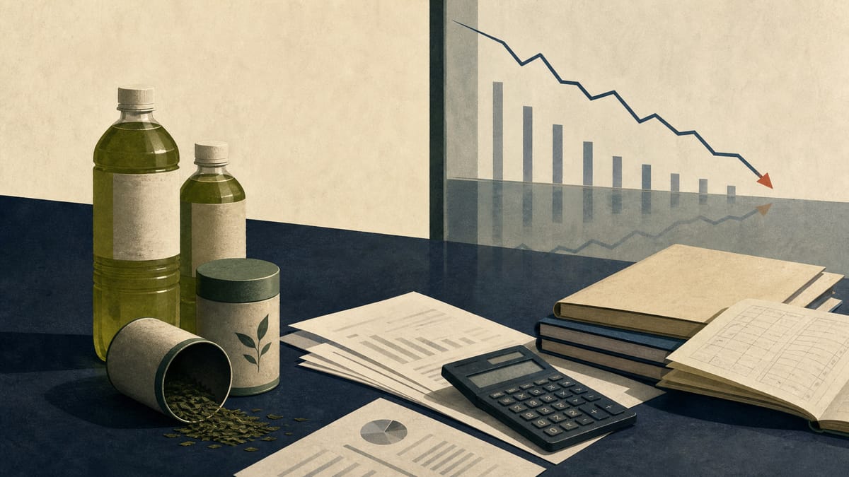 Editorial illustration of beverage products and financial documents on a boardroom table, representing ITO EN's earnings, dividend and cash flow story.