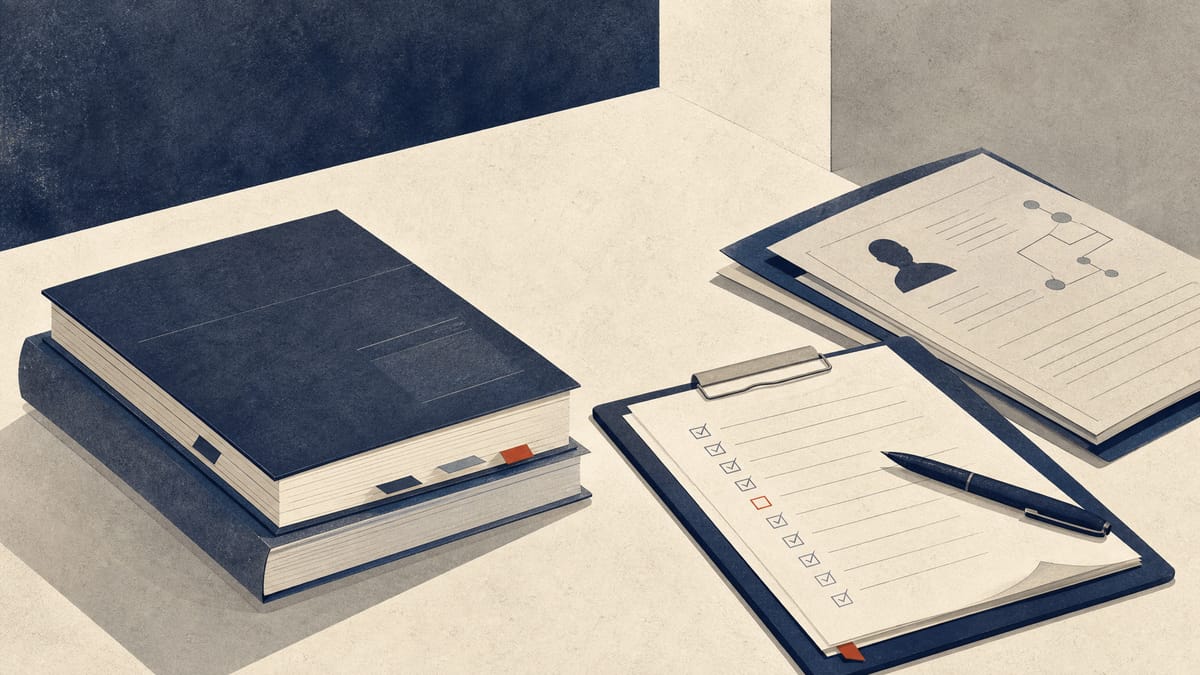 Insurance compliance documents, audit checklists and training materials on a desk.