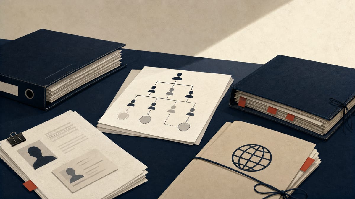 Audit and compliance papers with an ownership chart and identity-check materials on a conference table.