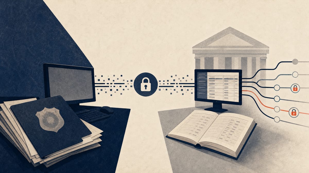 Editorial illustration of police files and bank account ledgers linked by a secure digital workflow for tracing and freezing transferred fraud funds.