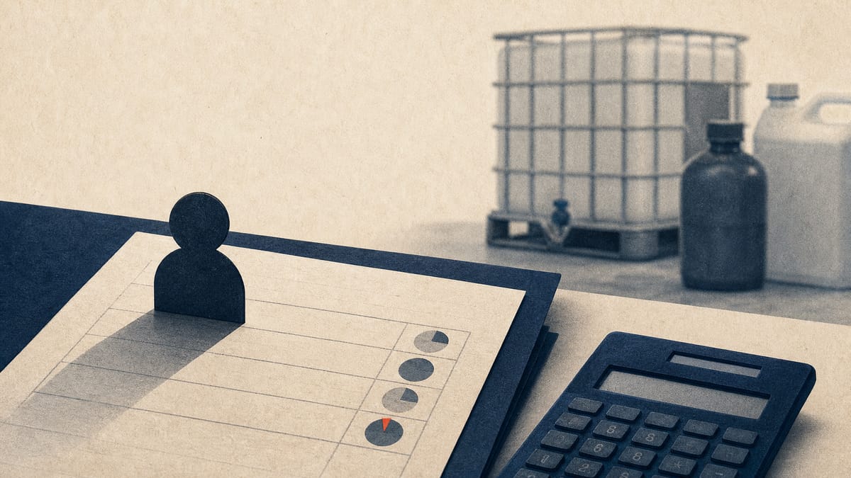 Editorial illustration of shareholding documents and blurred chemical containers.