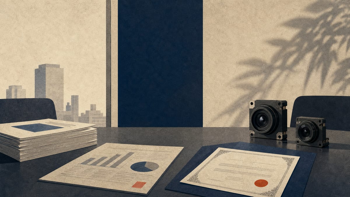 Board papers, treasury-share documents and AI hardware arranged on a conference table