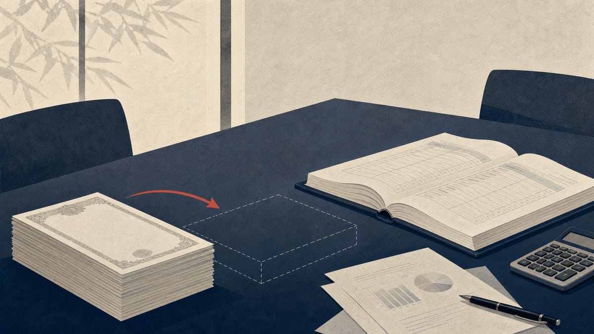 Editorial illustration of generic share certificates and board papers beside a share ledger, representing a reduced share count after a cancellation.