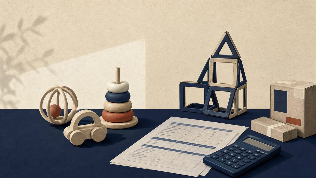Baby toys and construction blocks beside printed financial tables on a conference table.