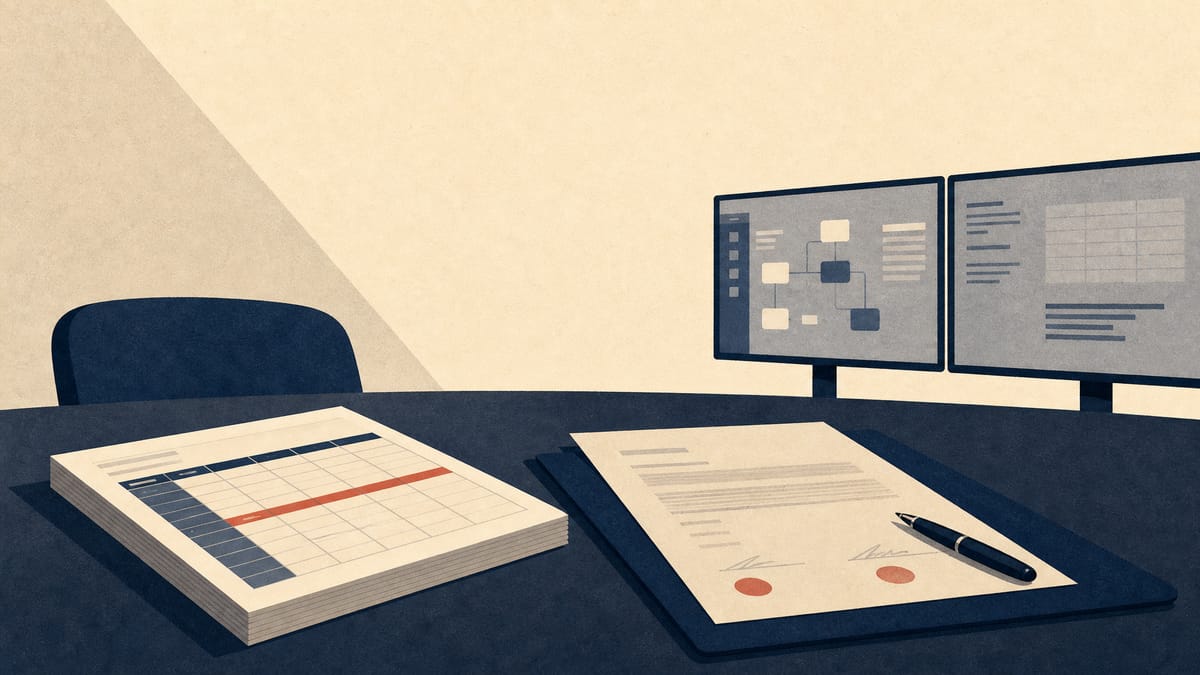Editorial illustration of alliance papers and a share register on a conference table with abstract software panels in the background.