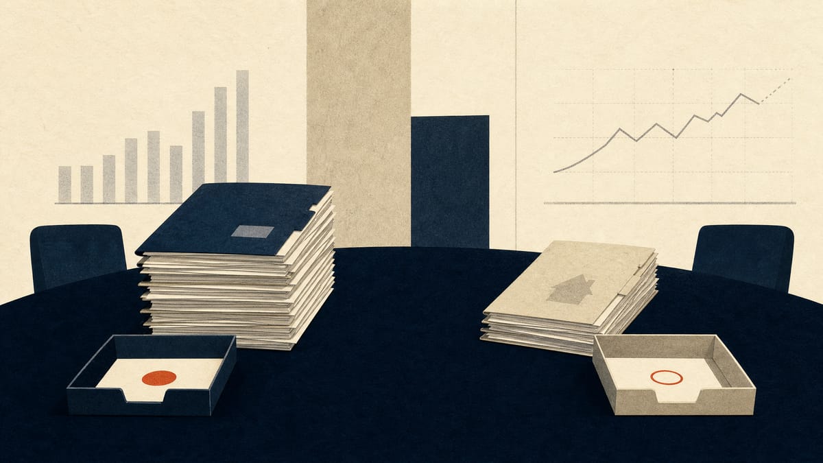 Editorial illustration of loan application folders, mortgage papers and approval-review trays on a bank meeting table.