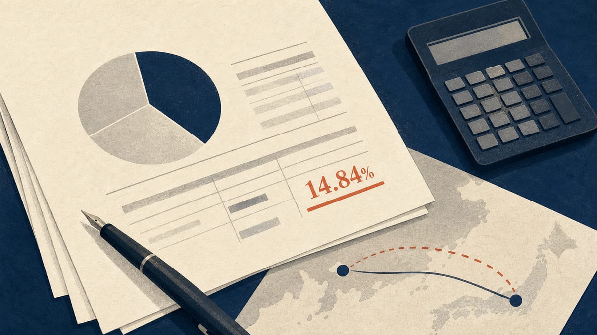 Editorial illustration of shareholding report papers with marked percentage figures, a calculator and a pen on a desk.