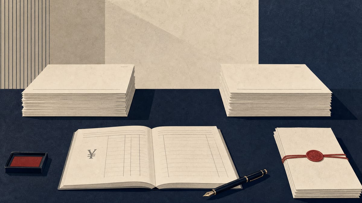 Editorial image of share-allotment documents, a yen ledger and financing paperwork on a corporate desk.