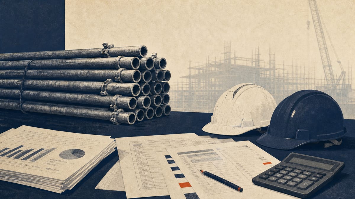 Editorial image of scaffolding equipment, safety helmets and financial papers representing rising labor costs at a construction-services company.