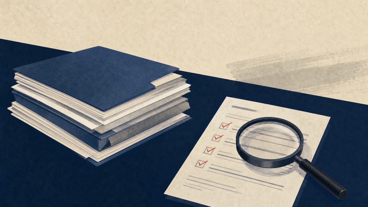 Insurance policy files and compliance papers on a table beside a magnifying glass and audit notes.