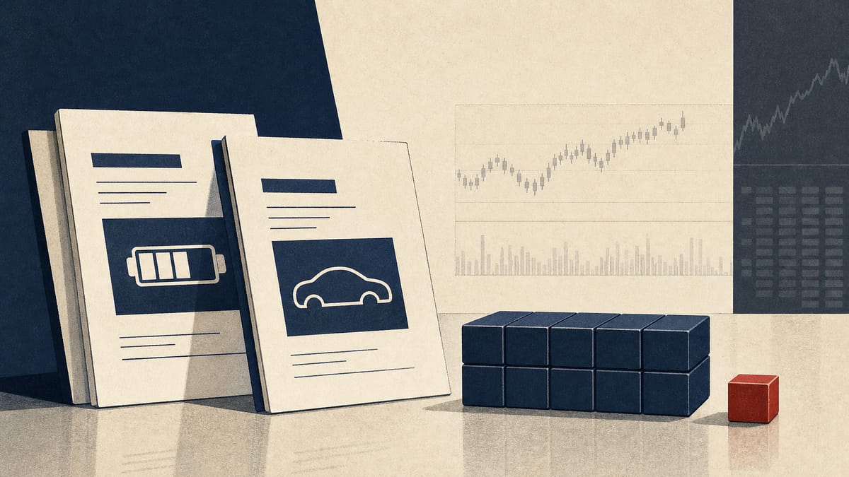 Illustration of ETF documents and market screens representing changes to creation and redemption unit sizes for two EV funds.