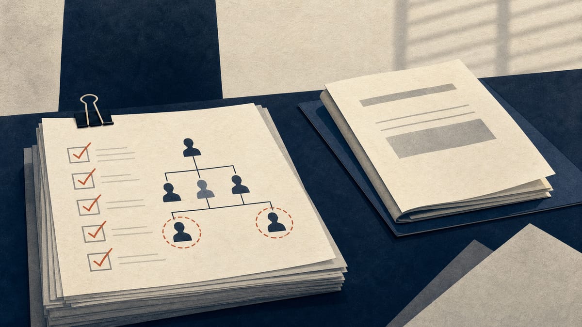 Audit papers, a compliance checklist and a corporate ownership chart on a conference table.