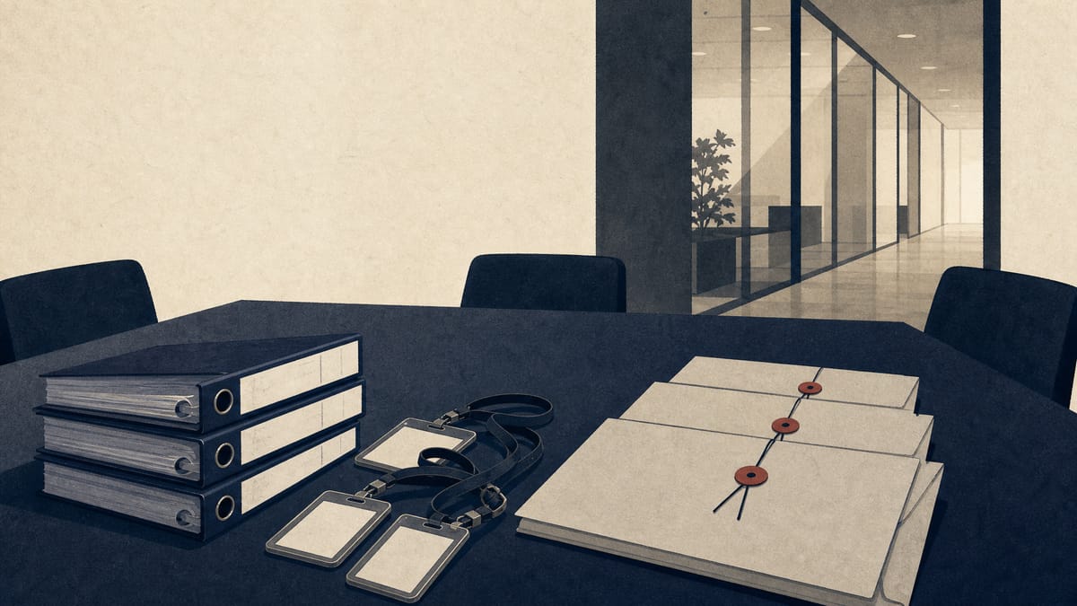 Editorial image of compliance folders and staffing office materials on a conference table in a modern office.