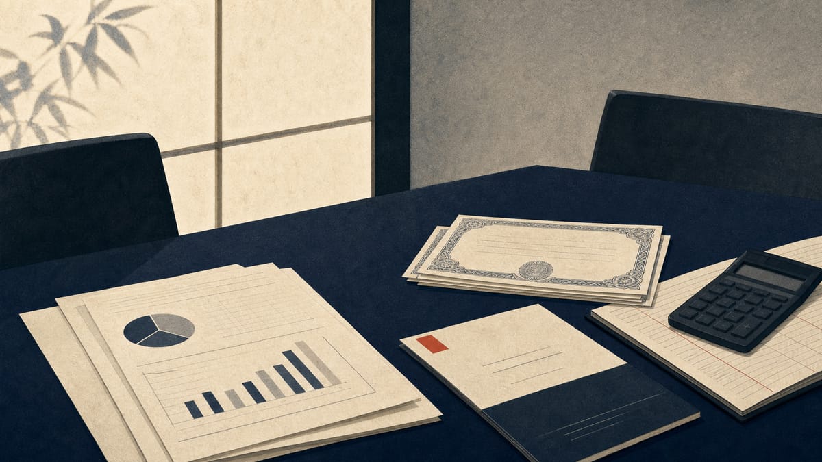 Editorial illustration of financial documents and share papers on a boardroom table representing Kansai Electric's gain from the Kinden tender