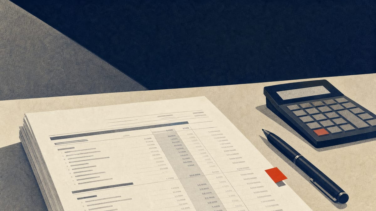 Editorial illustration of financial statements and audit notes on a table.