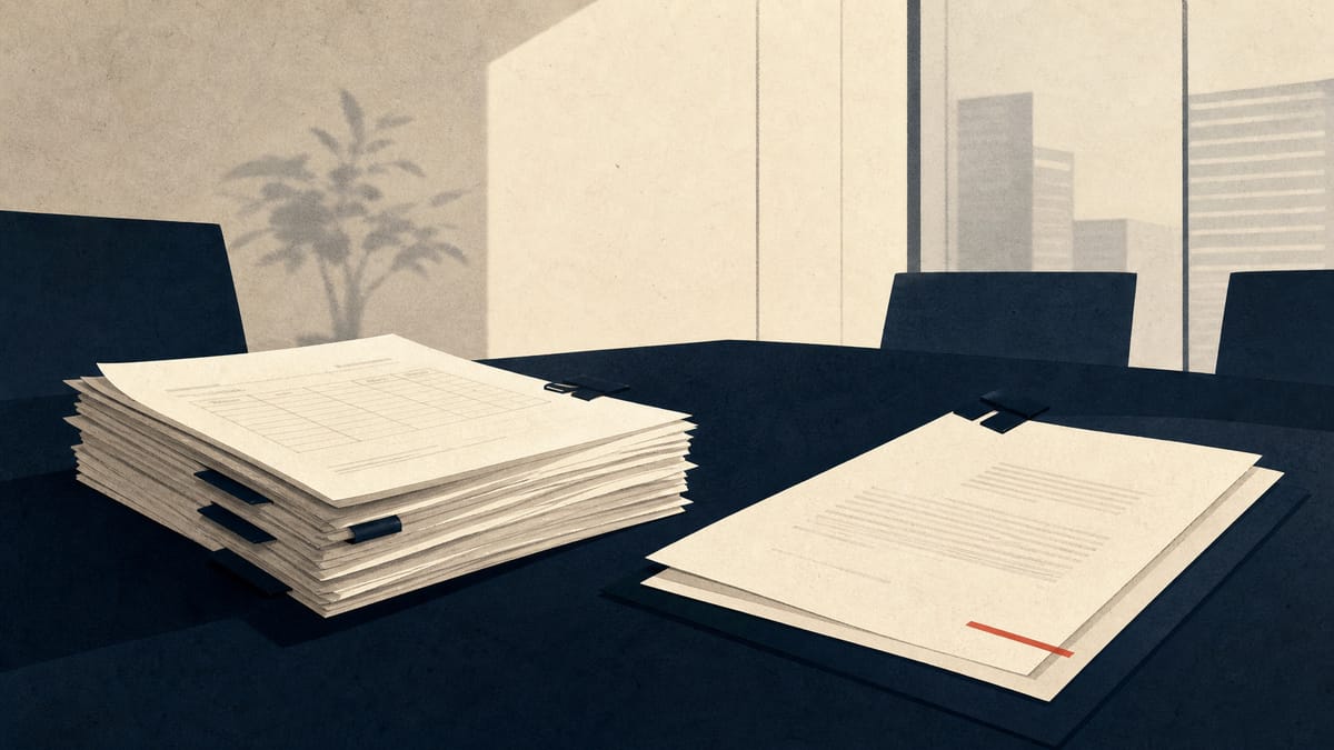 Editorial illustration of shareholder records and collateral documents on a boardroom table.