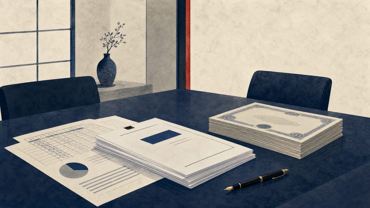Editorial illustration of tender-offer documents and share certificates on a boardroom table.