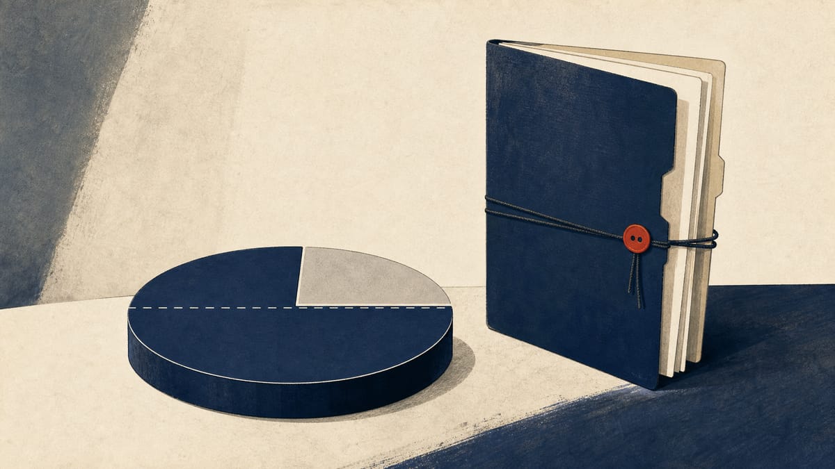 Editorial illustration of shareholding and collateral documents beside a cap table just below 50 percent.