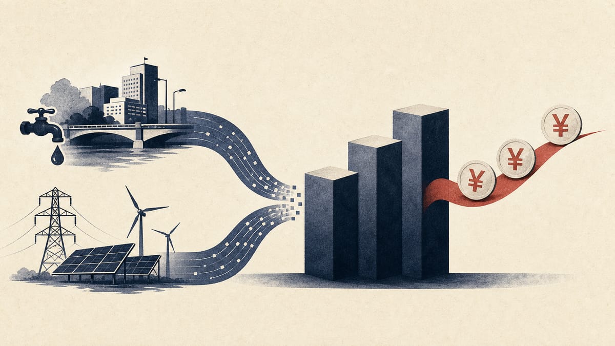 Editorial illustration of public-sector and energy data flows converging into rising performance blocks and a dividend payout line.