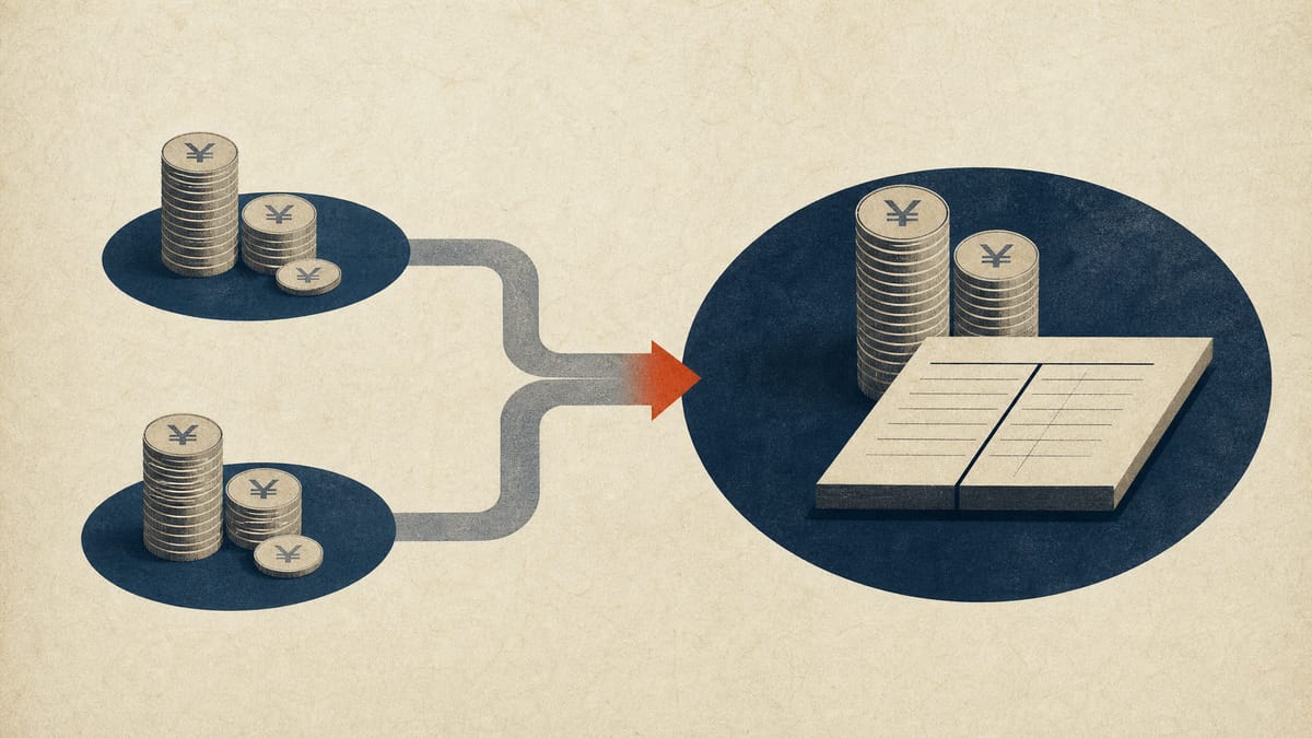 Editorial illustration of cash flowing from two subsidiaries into a parent company balance sheet.
