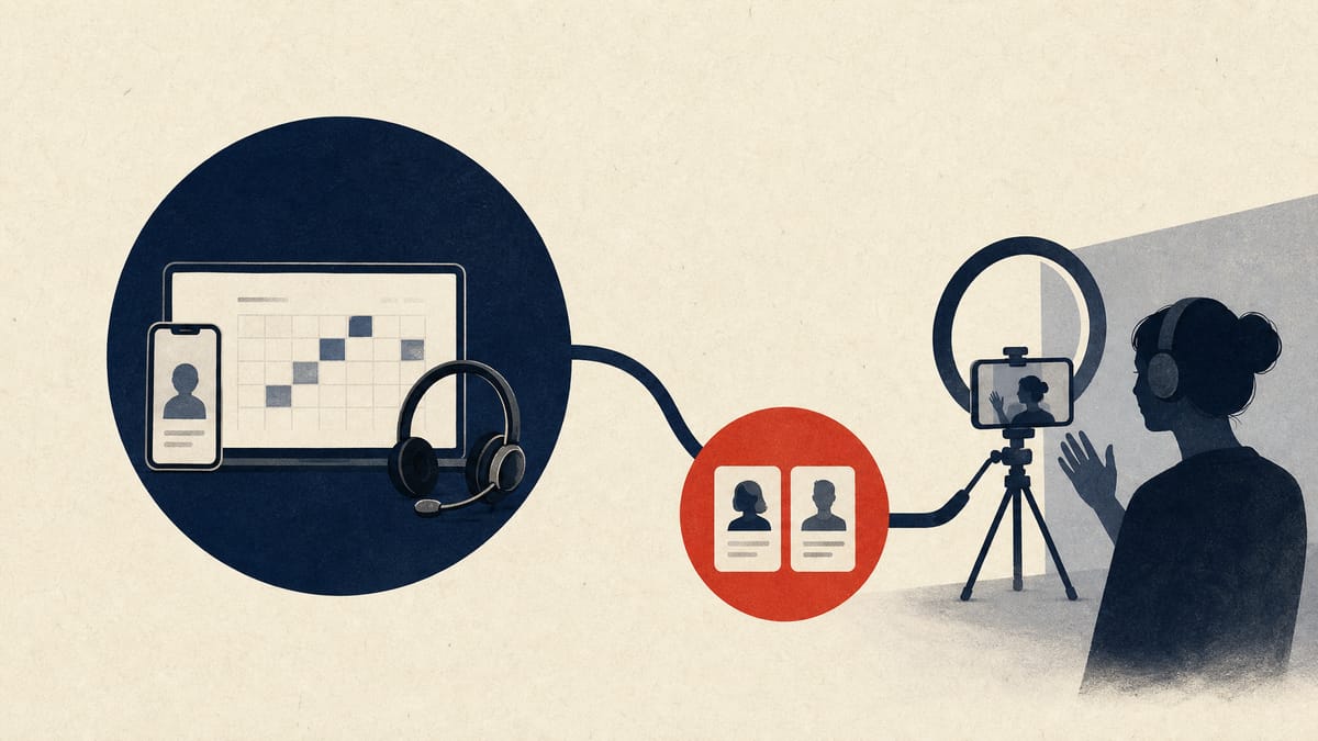 Editorial illustration of livestream production gear and creator-management workflow elements representing a new subsidiary.