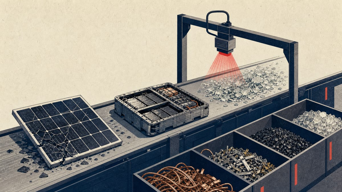 Editorial image of a recycling line sorting solar-panel glass, battery modules and metal scrap.
