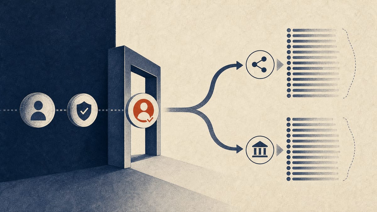 Editorial illustration of a digital-finance compliance checkpoint with abstract registry rows and transaction-routing symbols.