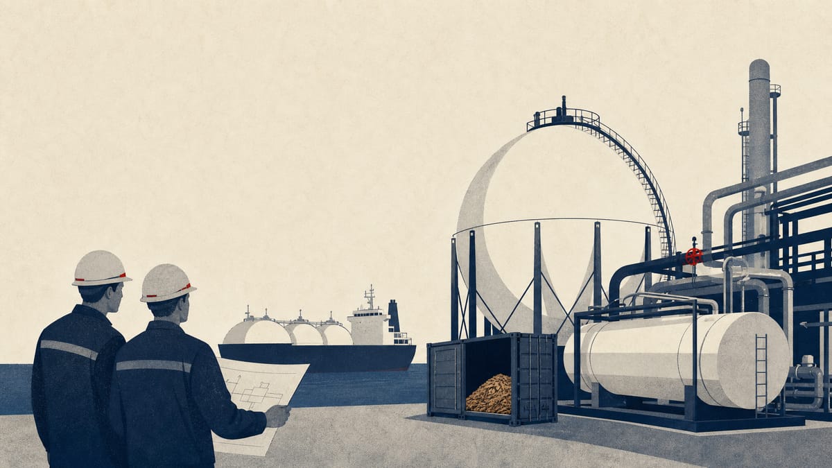 Editorial illustration of low-carbon fuel infrastructure with storage tanks, piping and engineers reviewing an overseas industrial energy project.