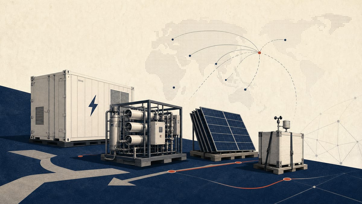 Editorial illustration of industrial equipment and cargo modules prepared for overseas demonstration projects.