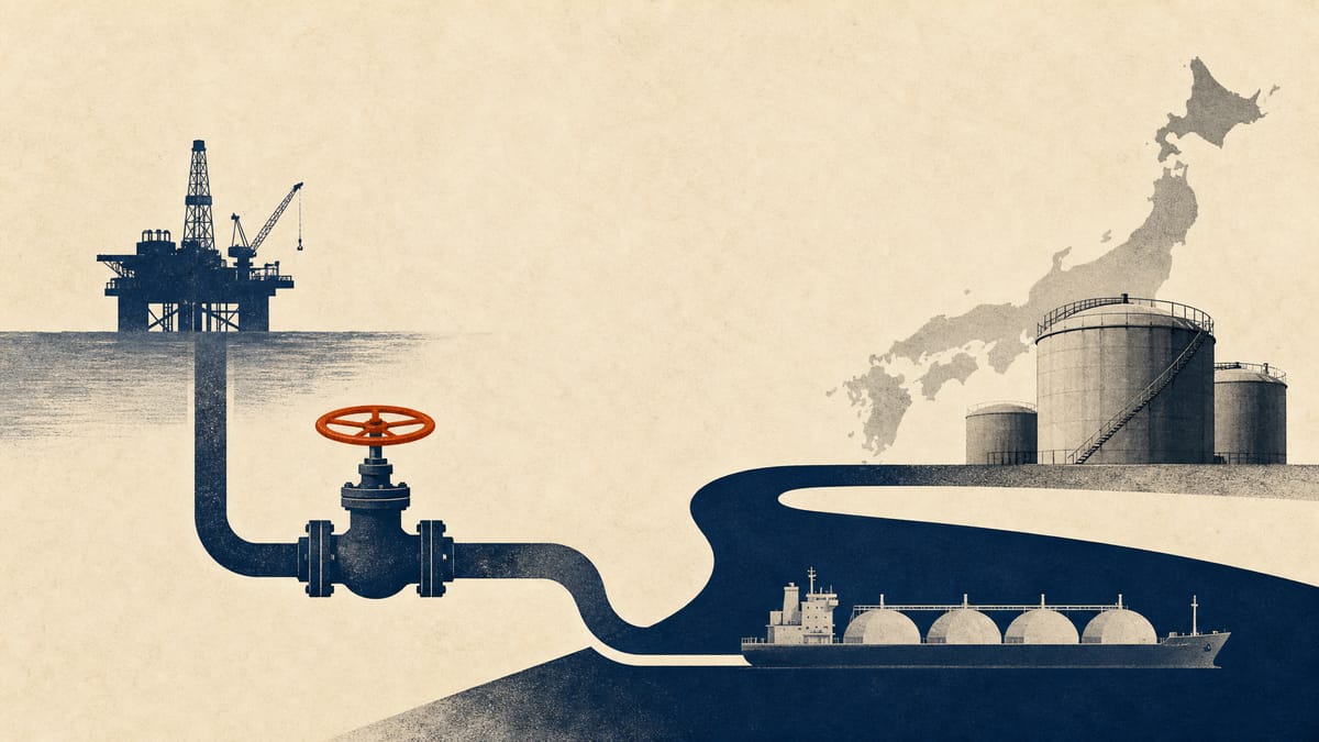 Editorial illustration of oil storage tanks, valves and engineering gear linked by abstract supply lines.