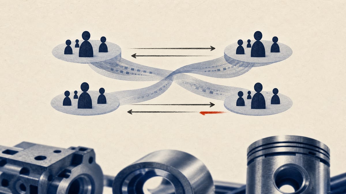 Abstract editorial illustration of cross-border share-lending links around an industrial stock.