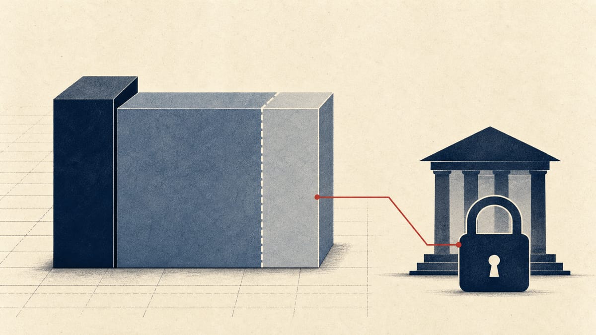 Editorial illustration of a shareholding block structure with one portion pledged as collateral and linked to financing.
