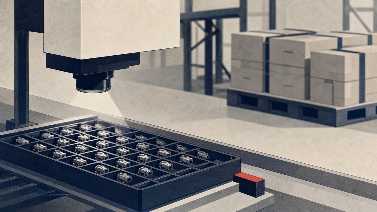 Editorial illustration of small precision actuator components on trays in an electronics assembly facility.