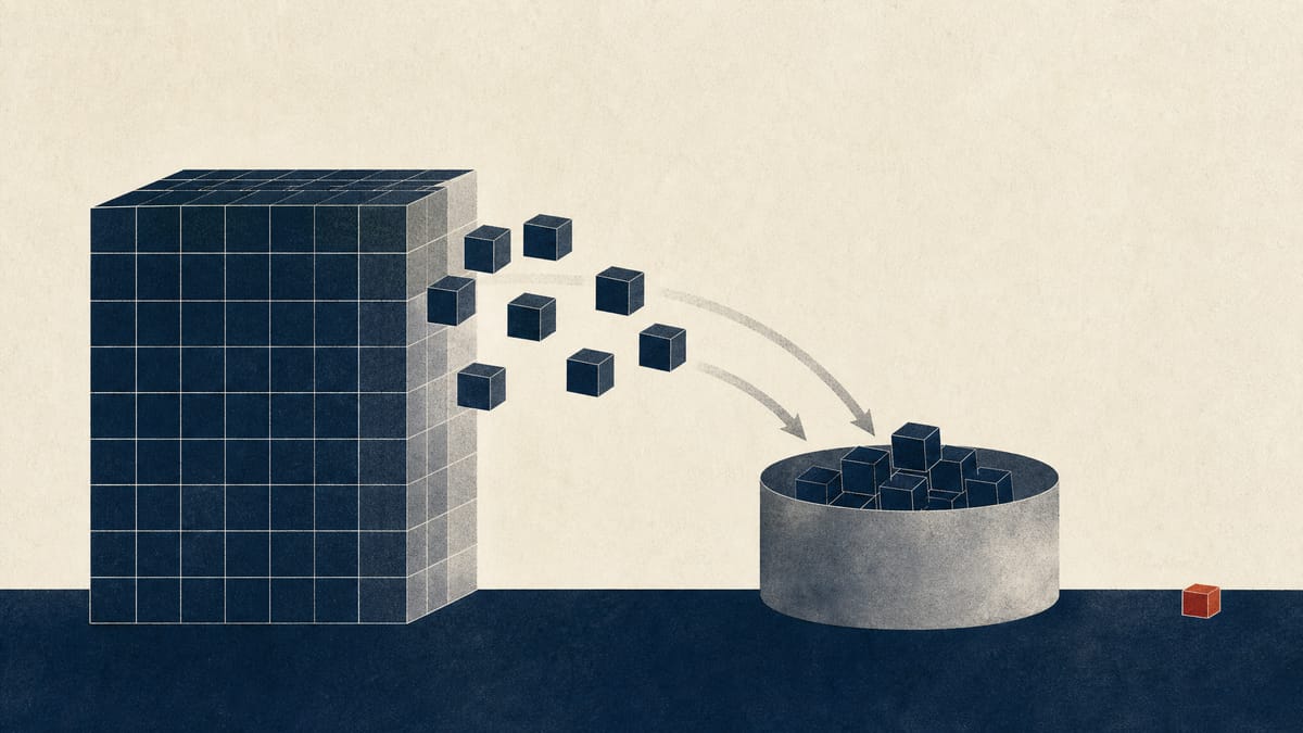 Editorial illustration of share blocks moving into treasury stock, leaving one former large holding reduced to a tiny sliver.